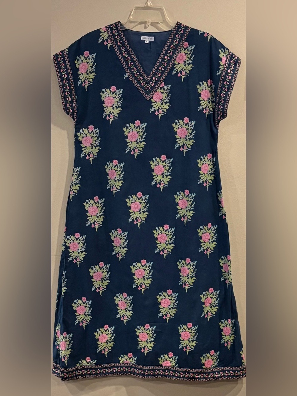 Beau & Ro Blue Embroidered Caftan Maxi Dress 100% Cotton Size Small hand printed